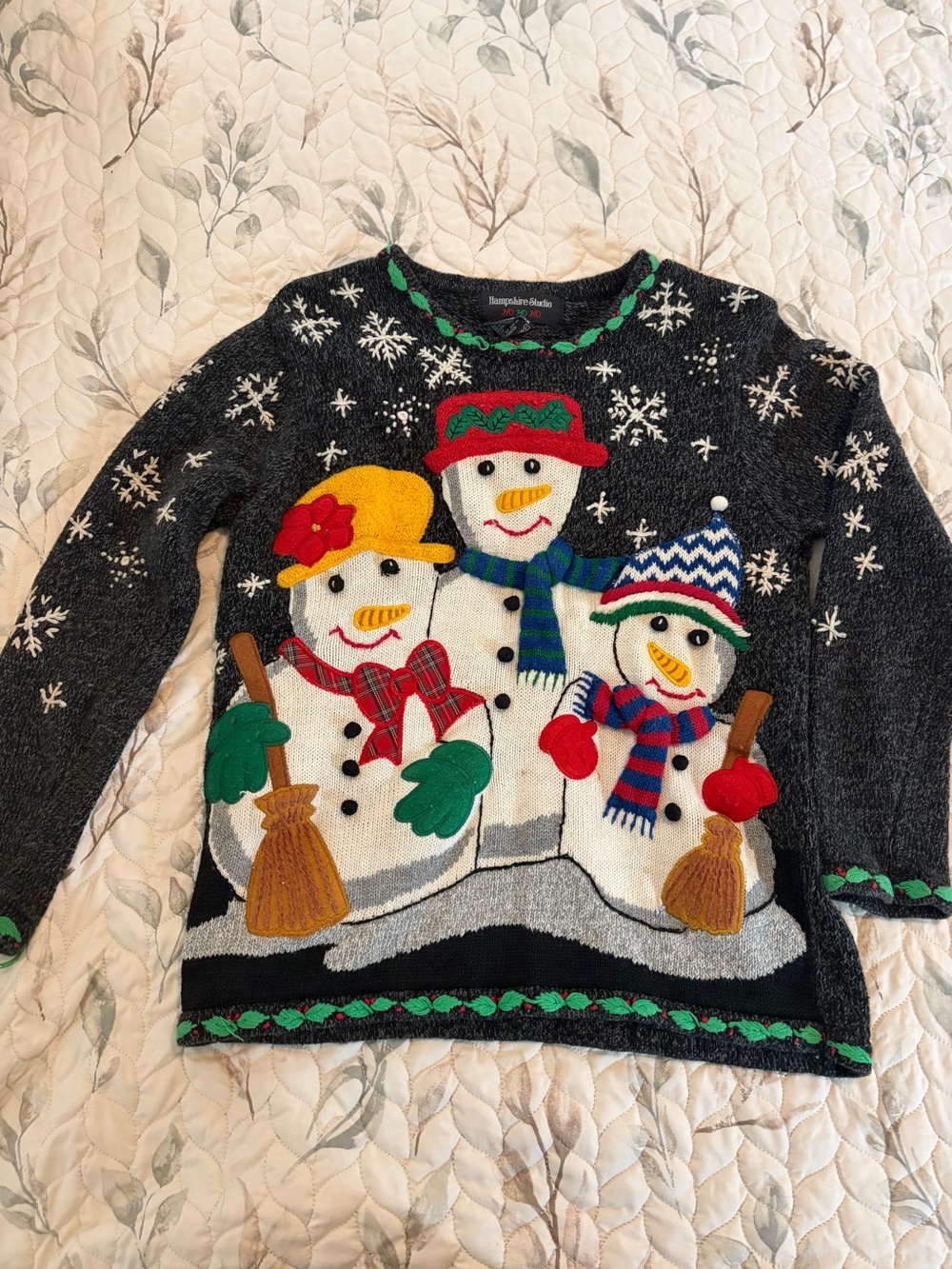 Vintage Holiday Snowman Sweater in Black with Multi-Color Appliqué
